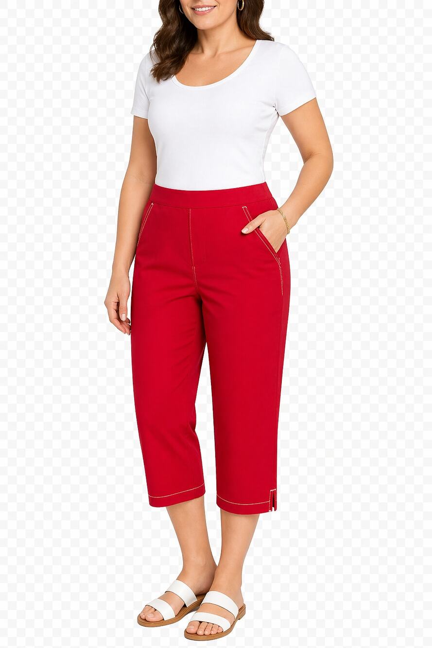 Koret Red Capri Pants White Stitch Elastic Back Waist Size 16 Summer Cruise Golf